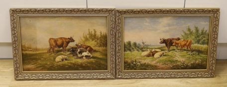 William Eddowes Turner (c.1820-1885), pair of oils on canvas, Cattle in pasture, signed, 30 x 45cm