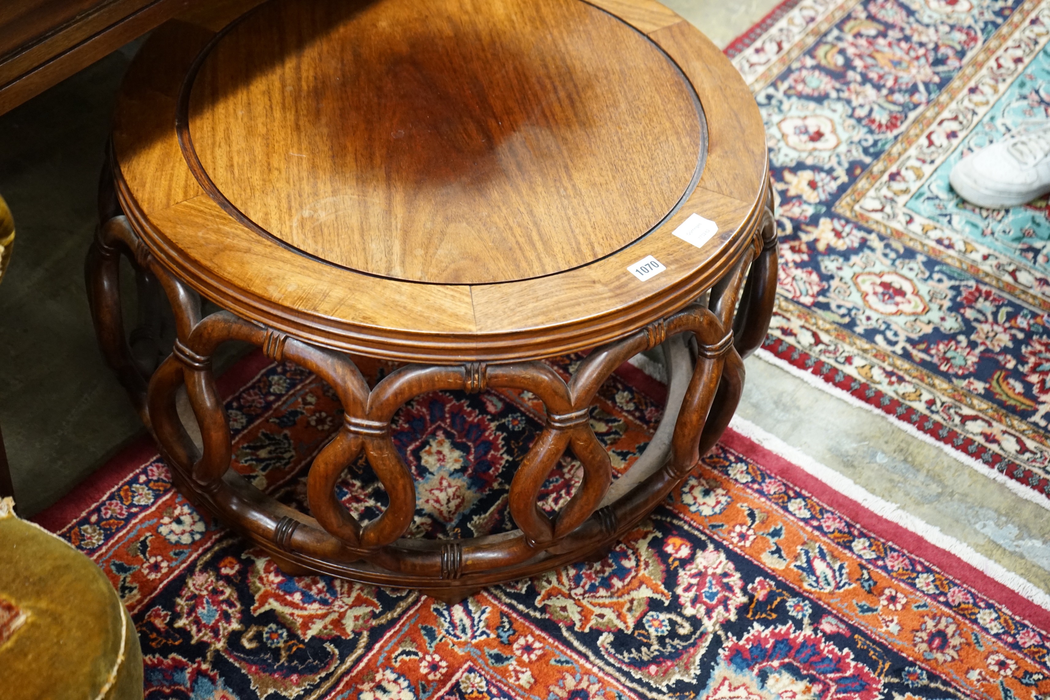 A Chinese padouk wood circular coffee table, diameter 67cm, height 42cm - Image 2 of 2