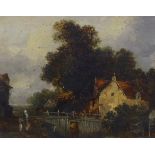 After James Stark, oil on canvas, figures amongst a village, unsigned, 20 x 25cm