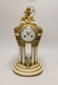 An early 20th century French alabaster and ormolu mantel ‘cupola’ clock with pendulum, 39cm tall