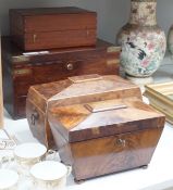 A Victorian boxwood strung burr yew sarcophagus shaped tea caddy, another mahogany tea caddy, a