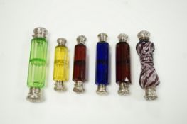 Six assorted late 19th/early 20th century white metal mounted coloured glass double ended scent