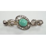 A Victorian yellow metal, turquoise and diamond cluster set bar brooch, 40mm, gross weight , 4.9