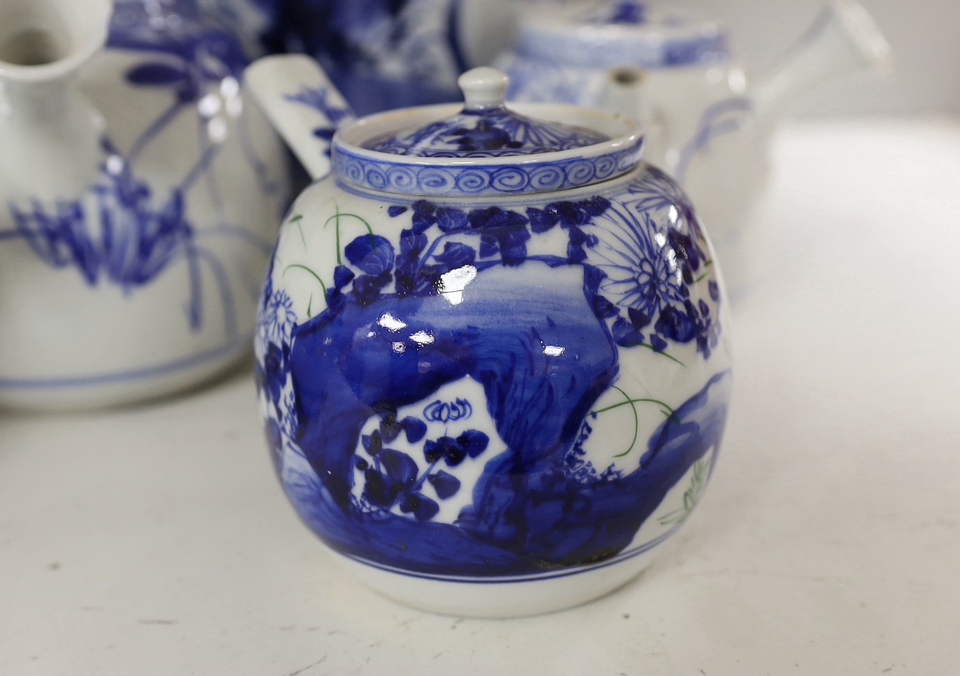 A pair of Japanese blue and white vases and various Japanese blue and white porcelain teapots and - Image 3 of 6