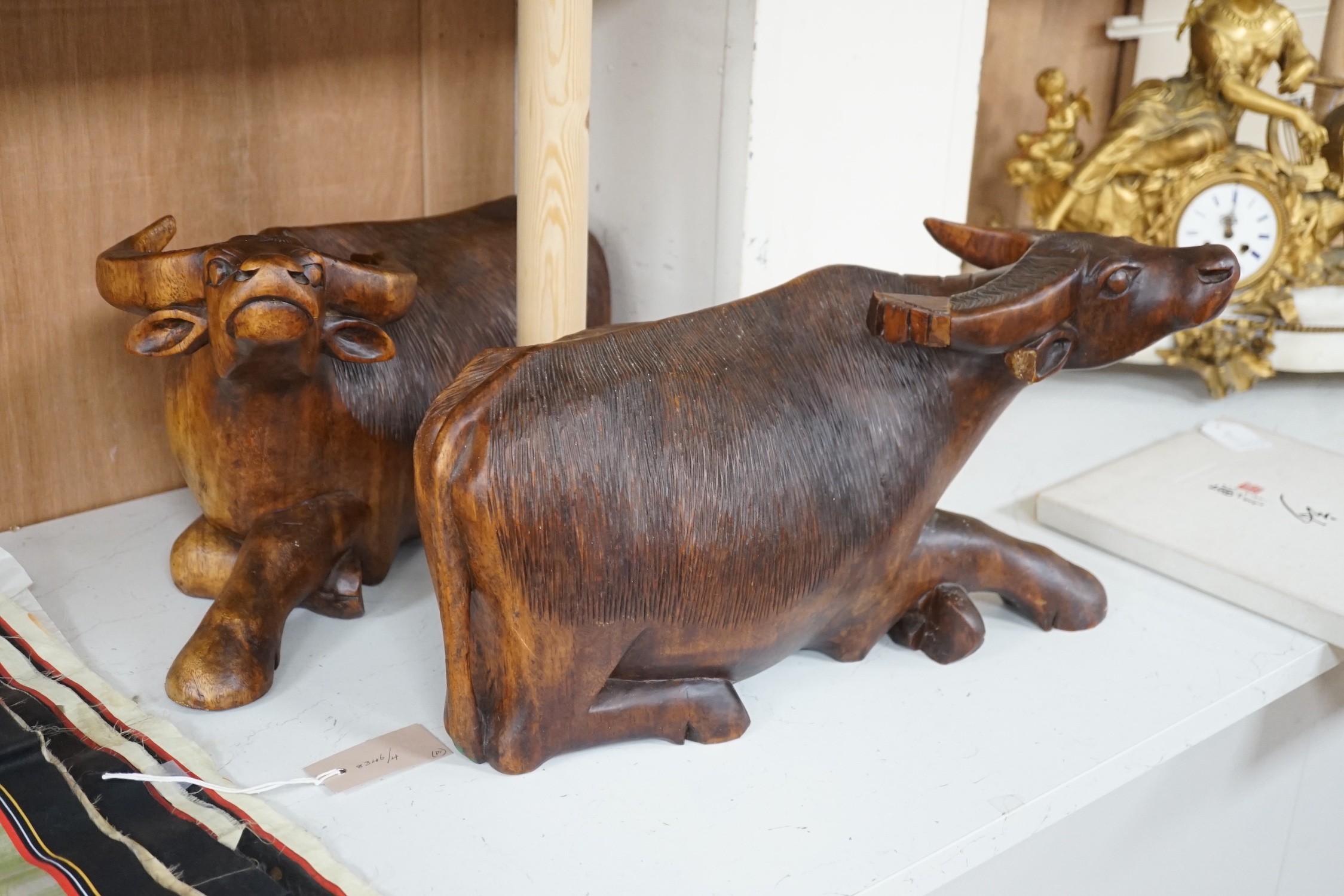 A pair of South East Asian carved wood figures of water buffalo, 43cm long - Image 2 of 4