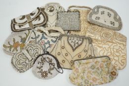 Twelve 1930’s beaded, sequin and pearl evening clutch bags and bags, some with embroidered