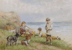 After Myles Birkett Foster (1825-1899) watercolour, Children with a goat, resting on a coastal path,