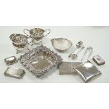 A small group of collectable silver including a repousse bonbon dish, 13.5cm, cigarette case, silver