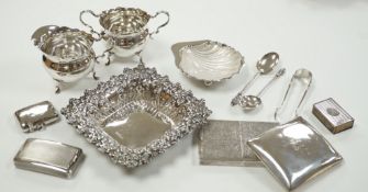 A small group of collectable silver including a repousse bonbon dish, 13.5cm, cigarette case, silver