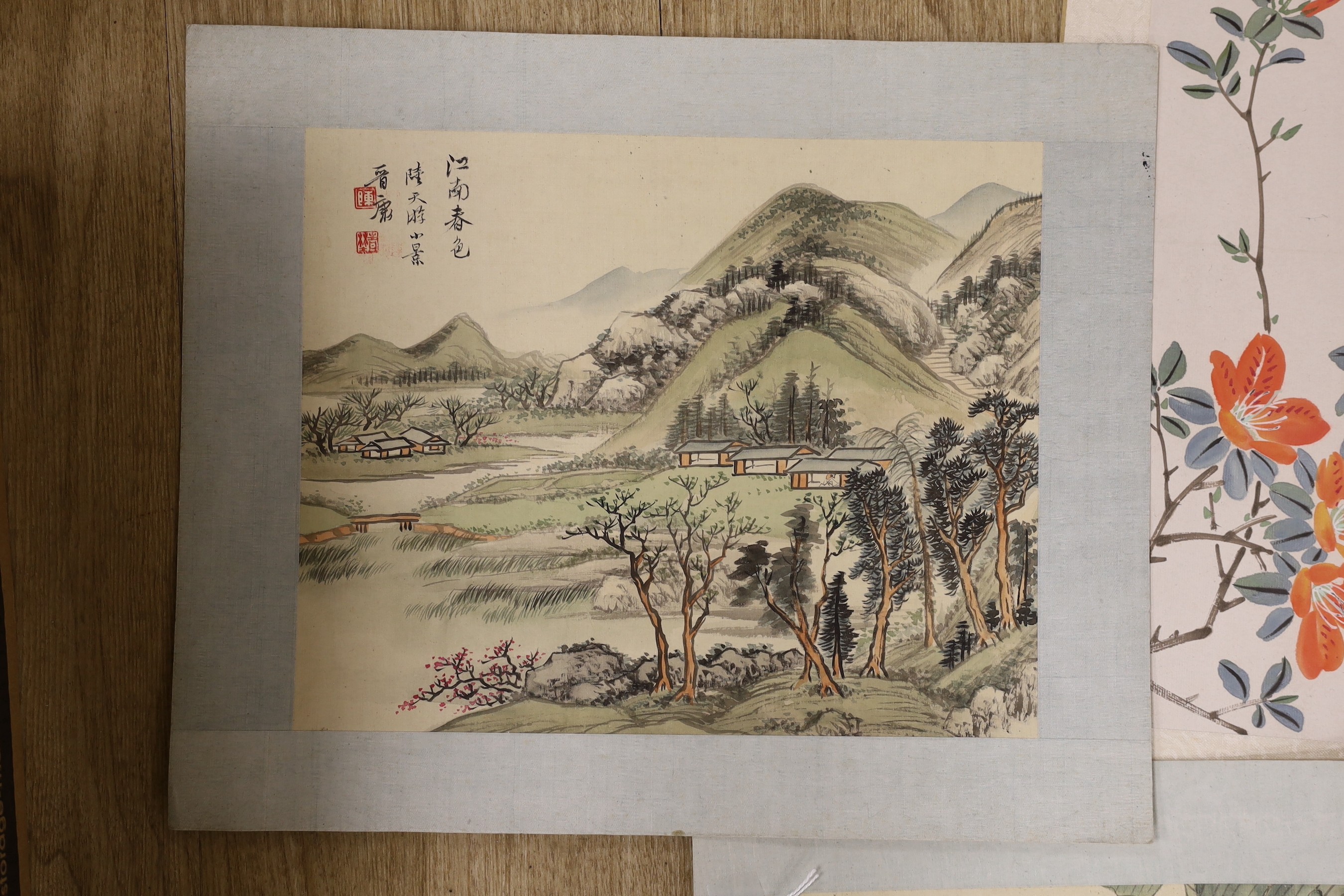 Chinese School, late 20th century, two paintings on silk and three colour woodblocks on paper of - Image 5 of 6