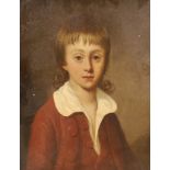 English School c.1800, oil on wooden panel, Portrait of a youth wearing a brown coat, 25 x 19cm