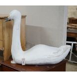 A vintage carved, painted wood swan uppers decoy, length 70cm, height 59cm