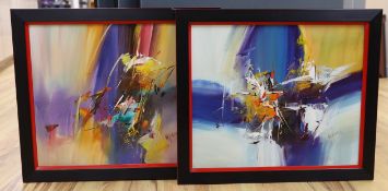 Mary Wilkinson (British contemporary), a pair of oil on canvas, abstract scenes, both signed, 50 x