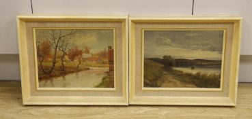 English School, late 20th century, two oil on boards, a river scene and a stream, one monogrammed