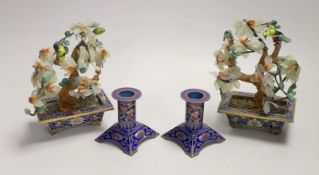 A pair of Chinese hardstone jardinières and a pair of champleve enamel candlesticks, tallest 16cm