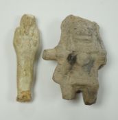 An Egyptian cream faience ushabti and a pre-Columbian pottery figure, 10cm high