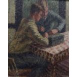 Modern British, oil on canvas, impressionist style, two boys seated at a table playing, signed Mews,