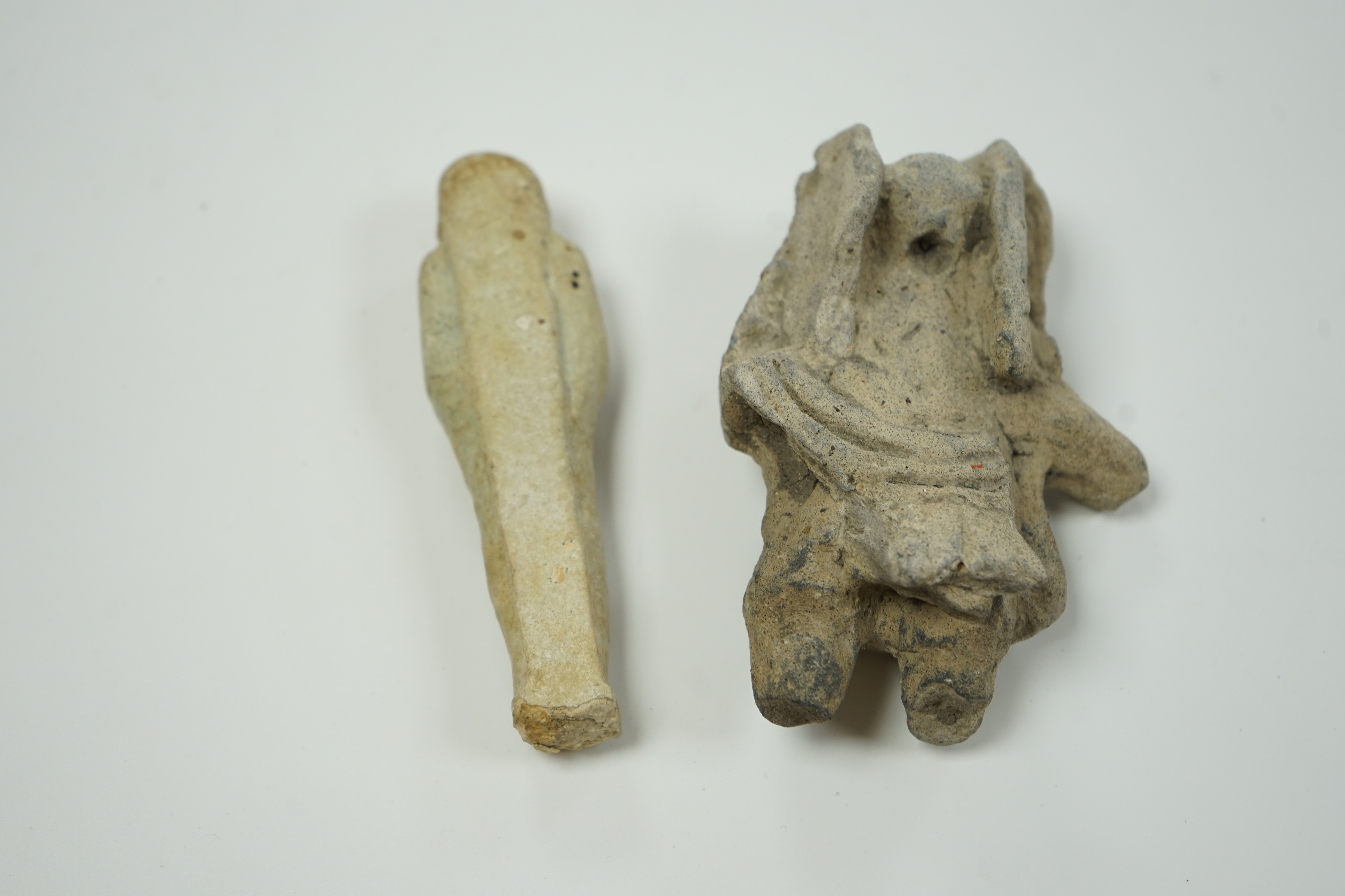 An Egyptian cream faience ushabti and a pre-Columbian pottery figure, 10cm high - Image 4 of 4