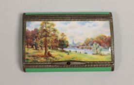 A late 1920's silver and enamel cigarette case, the cover decorated with riverside scene, P.H.