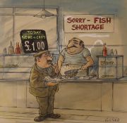 Carlo Roberto, ink and watercolour, Fish and Chip Shop caricature 'Fish Shortage', signed, 28 x