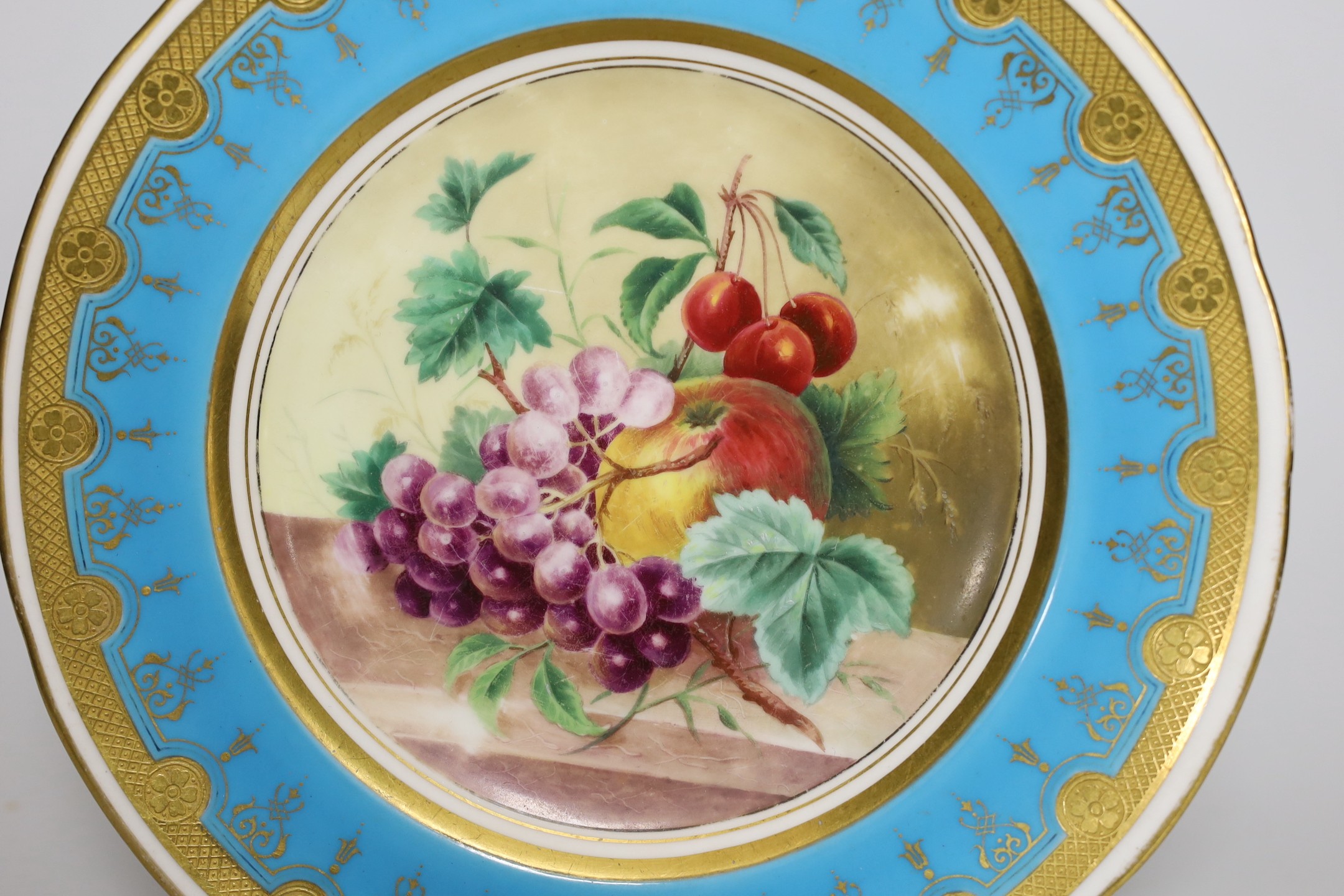 A Minton plate painted with fruit under a turquoise border, 23cm - Image 2 of 3