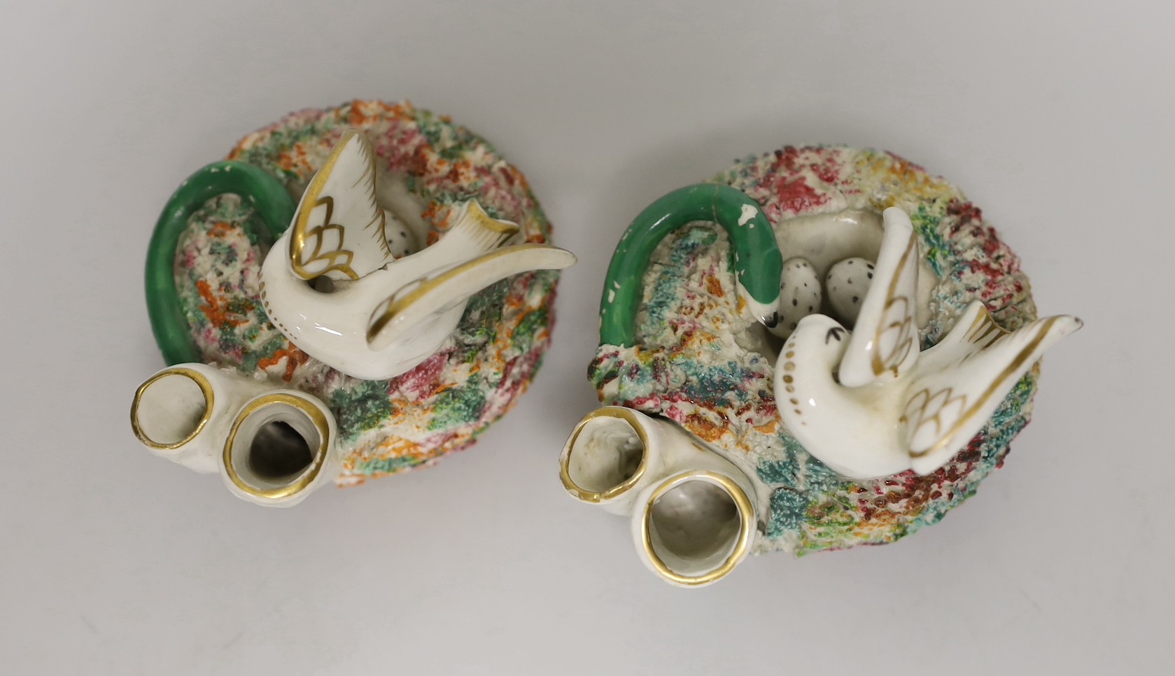 Two similar Staffordshire porcelain 'bird's nest' quill holders, c.1830-50 - Image 4 of 5