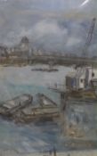 Modern British, oil on board, Southbank looking towards St Paul’s Cathedral with Blackfriars