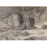 English School, pencil drawing, Science fiction scene; man and giant snail, monogrammed FR, 21 x
