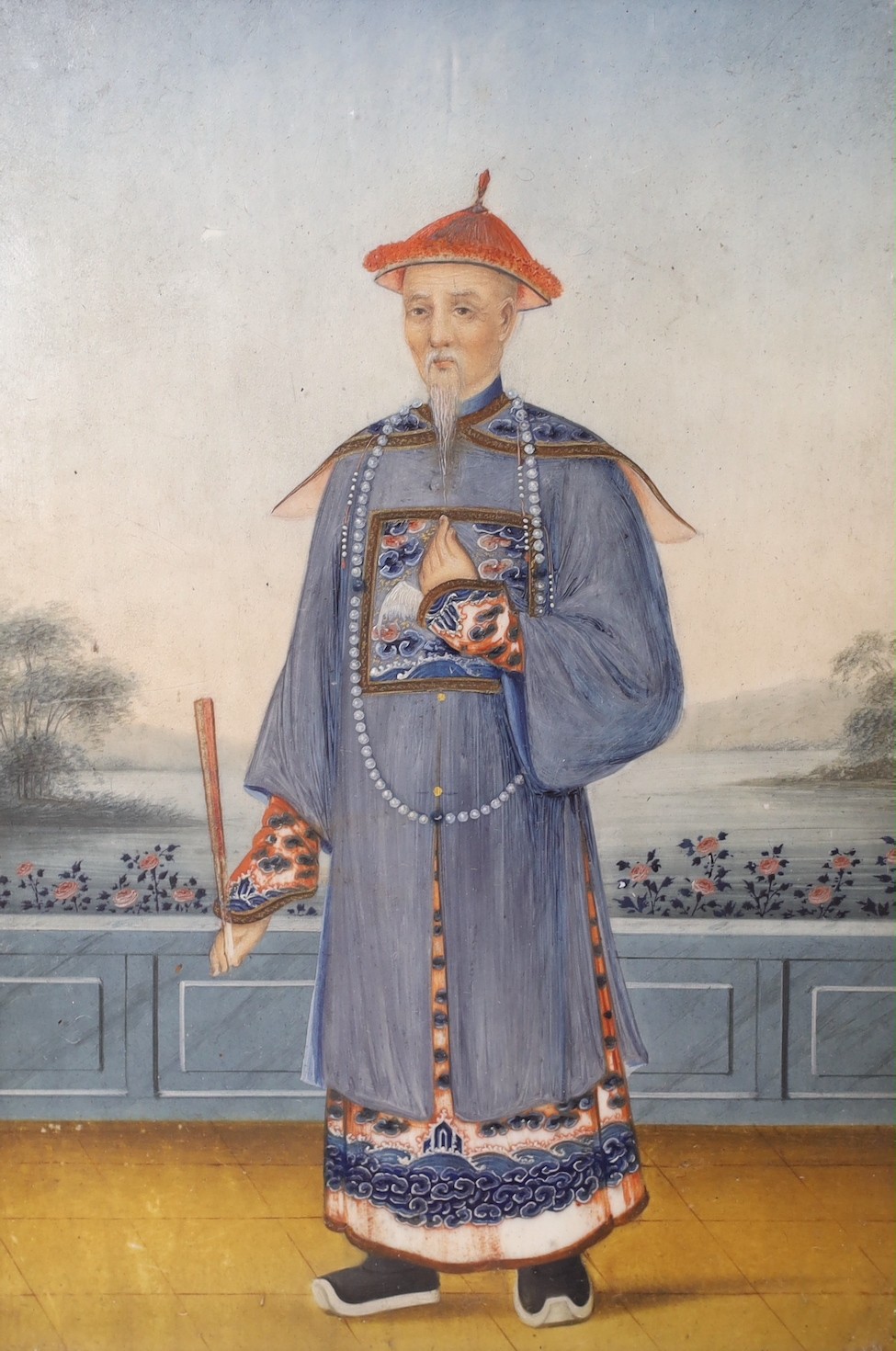 Chinese School, c.1850, gouache on ivory, man standing on a terrace, 13 x 9cm Ivory submission