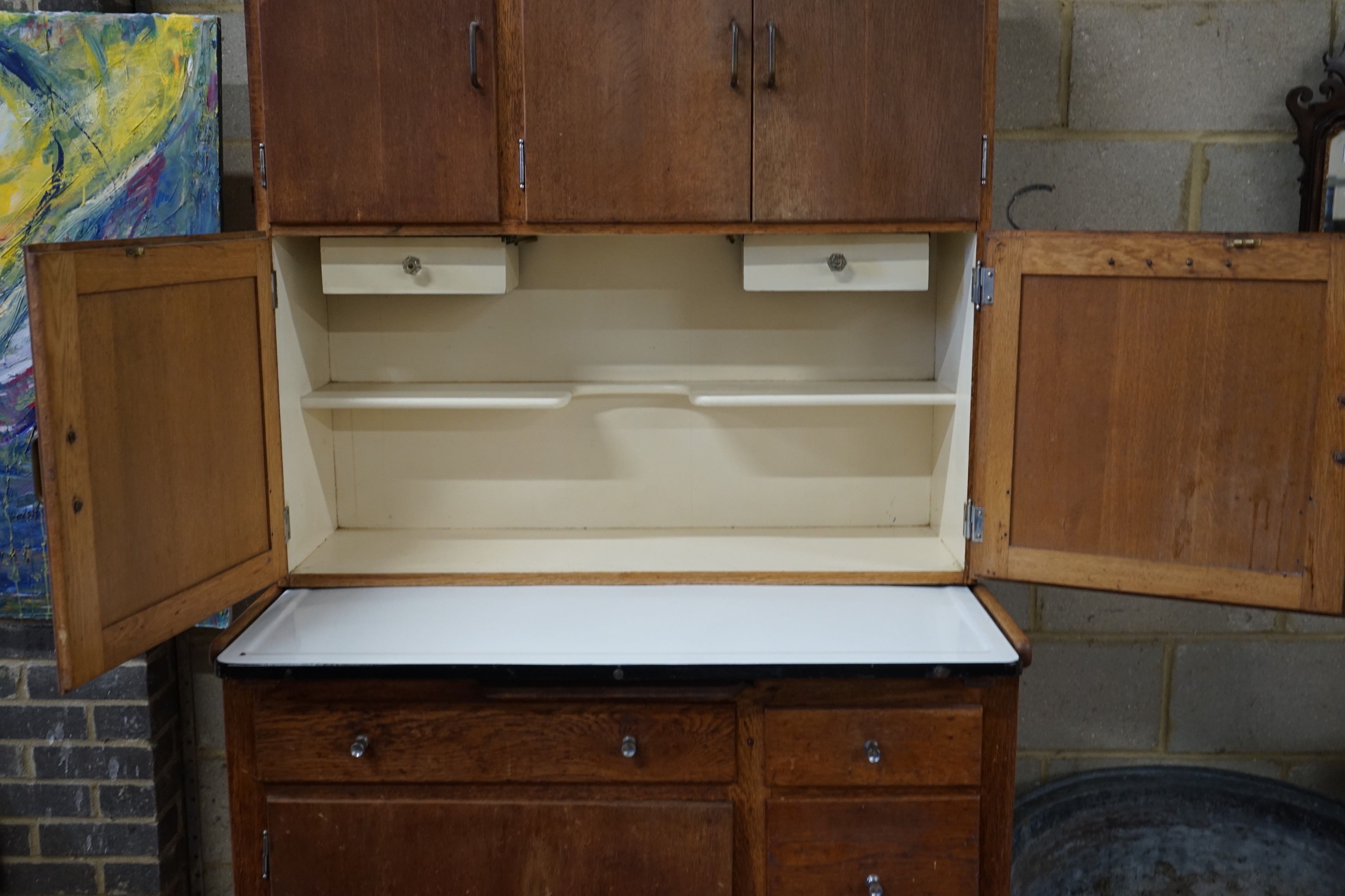 An early 20th century oak 'Easiwork' enamel top kitchen cabinet Streamline Deluxe model, length - Image 2 of 4