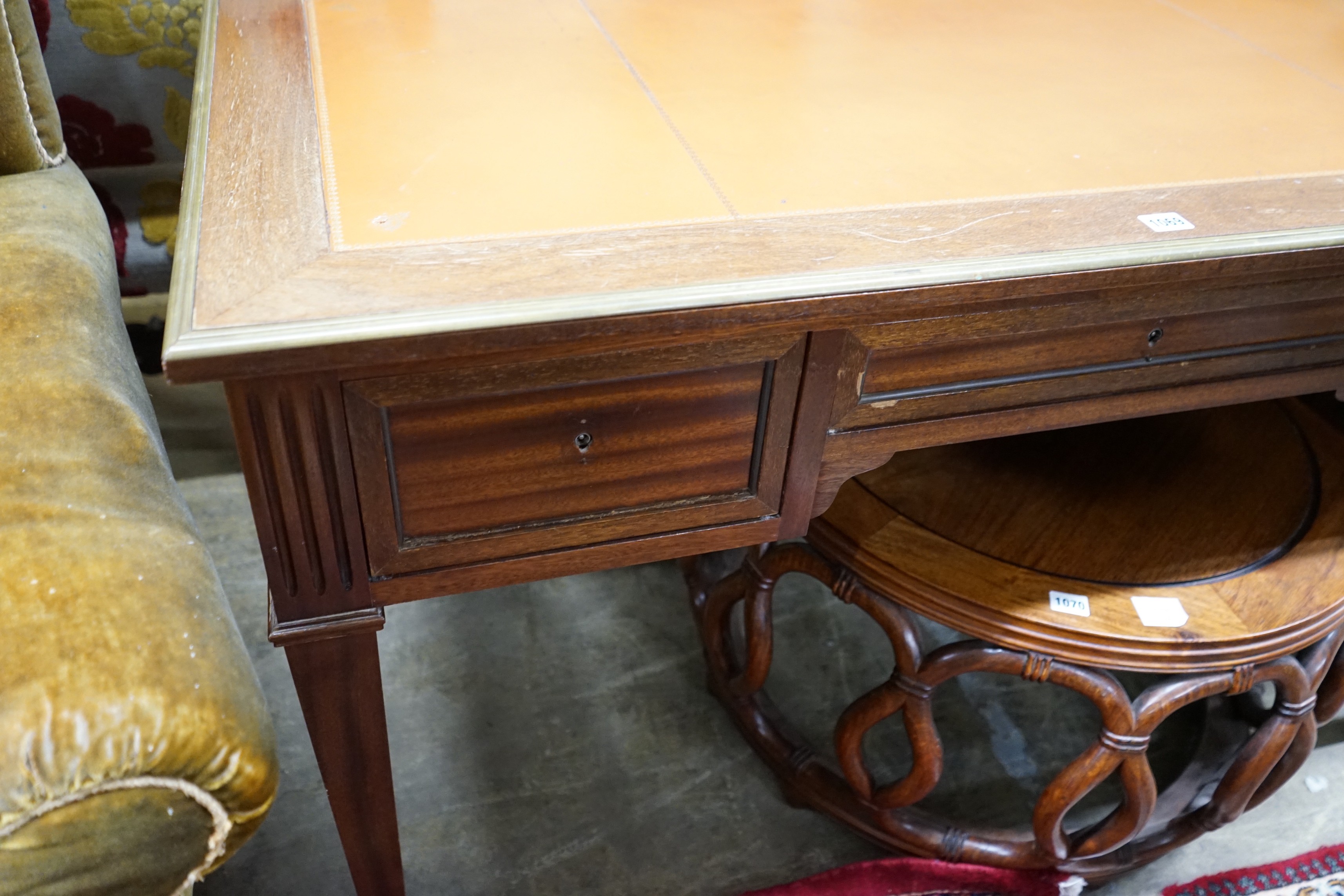 An Empire style brass mounted mahogany kneehole desk, width 130cm, depth 66cm, height 76cm - Image 3 of 4