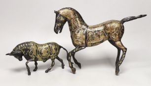 Two Egyptian cast brass and mixed metal models of a bull and a horse. Tallest 23cm