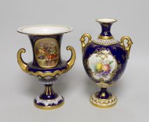 A Royal Worcester two handled vase with fruit on a blue ground by Hawkins, signed, marked LEADLESS