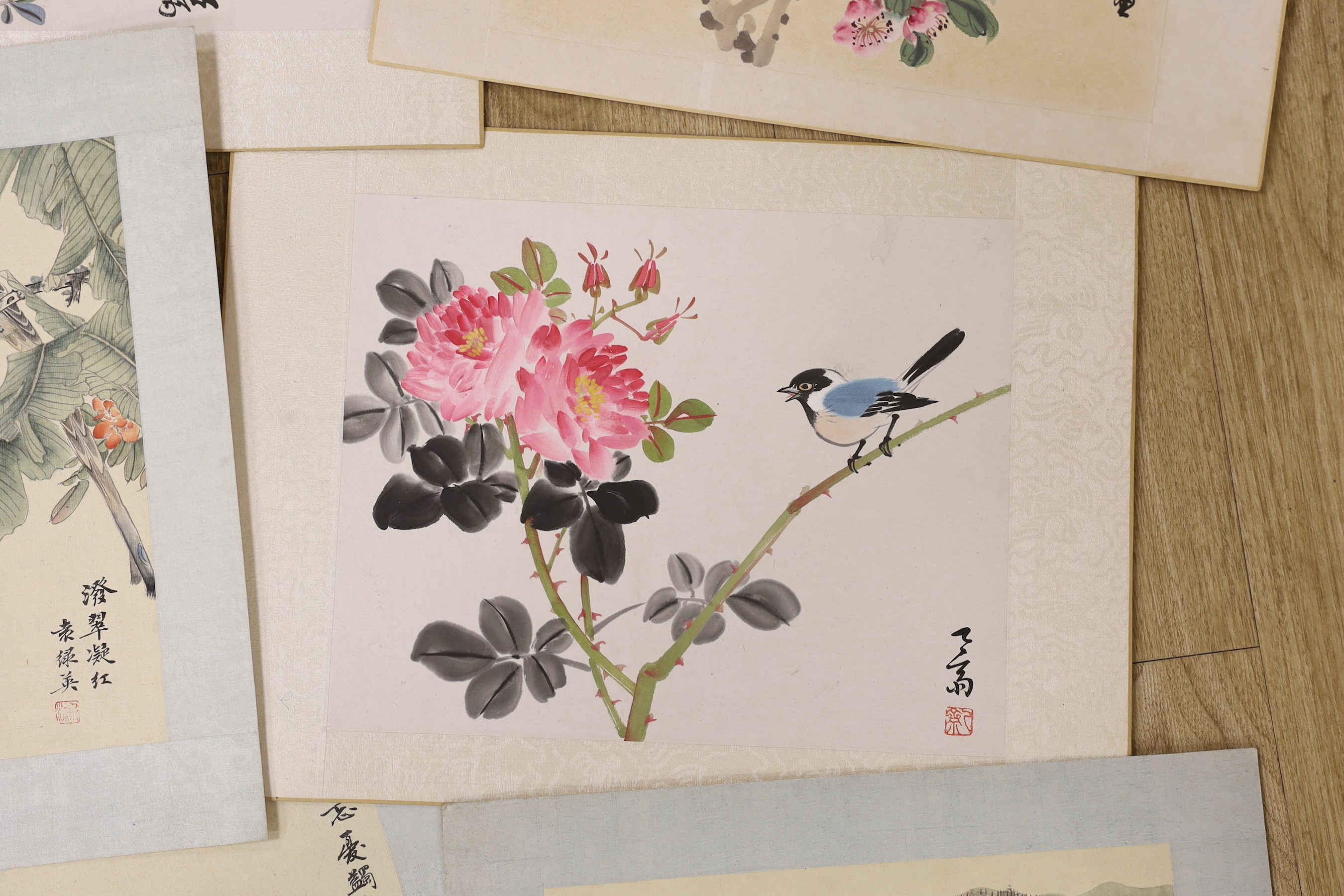 Chinese School, late 20th century, two paintings on silk and three colour woodblocks on paper of - Image 3 of 6