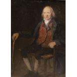19th century English School, oil on millboard, Full length portrait of a seated gentleman, 32 x