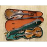 A Hopf violin and a three quarter size violin with bow, each in case