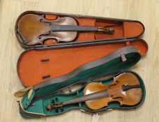 A Hopf violin and a three quarter size violin with bow, each in case