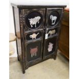 A Chinese painted hardstone mounted two door side cabinet, width 60cm, depth 31cm, height 89cm
