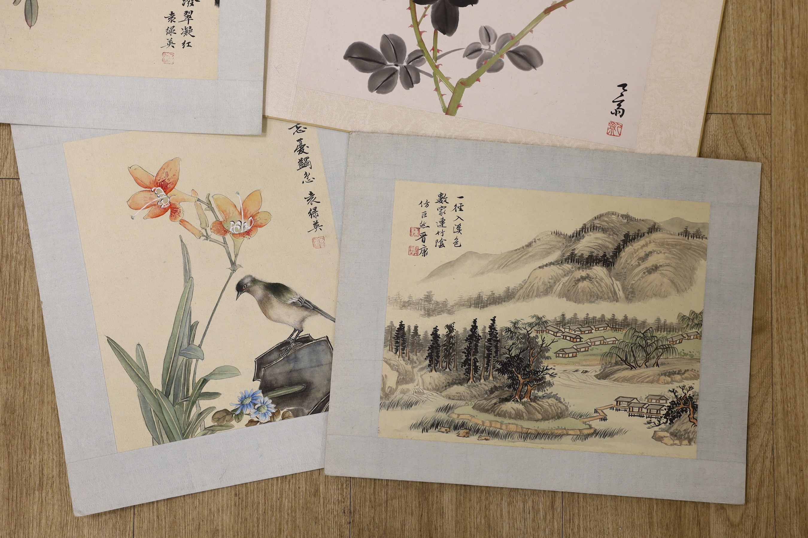 Chinese School, late 20th century, two paintings on silk and three colour woodblocks on paper of - Image 2 of 6