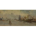 Rotgans, oil on canvas, Shipping in harbour, indistinctly signed, 37 x 79cm