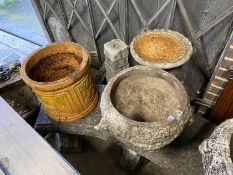 Two reconstituted stone garden bird baths, a campana garden urn, circular terracotta planter and two