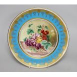A Minton plate painted with fruit under a turquoise border, 23cm