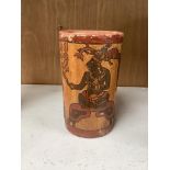 A Mayan pigment painted terracotta cylindrical vessel, possibly 7th-9th century AD., 17.2cm high,