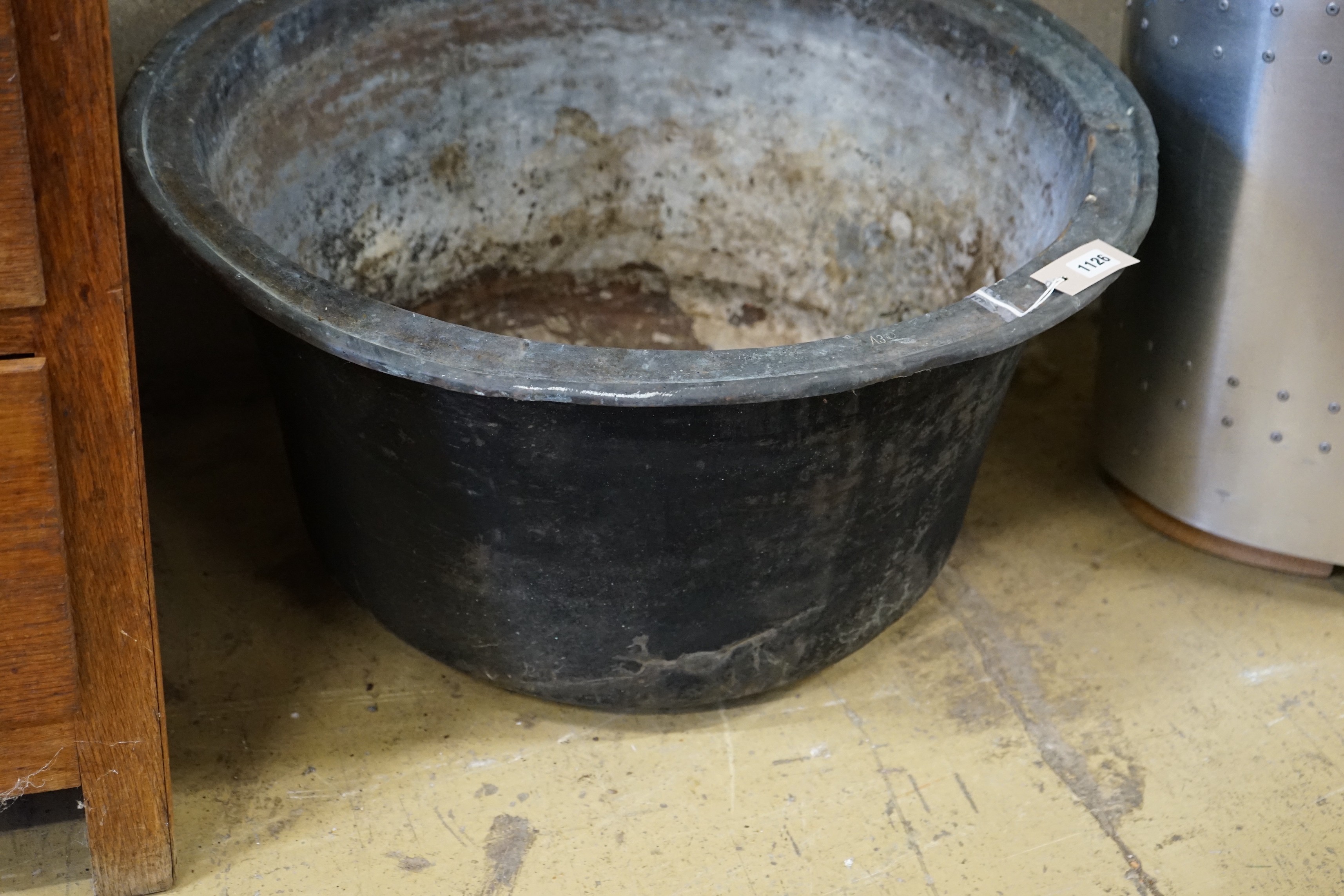 A Victorian circular copper cauldron, diameter 75cm, height 39cm - Image 2 of 2