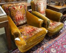 A pair of Victorian armchairs with carpet upholstery, width 90cm, depth 96cm, height 94cm