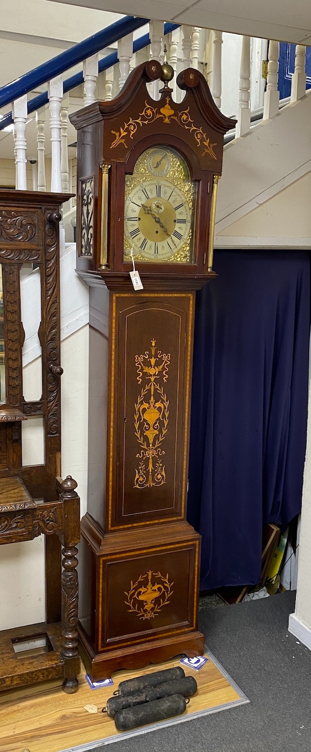 An Edwardian style satinwood banded marquetry inlaid mahogany Westminster chiming 8 day longcase - Image 2 of 2