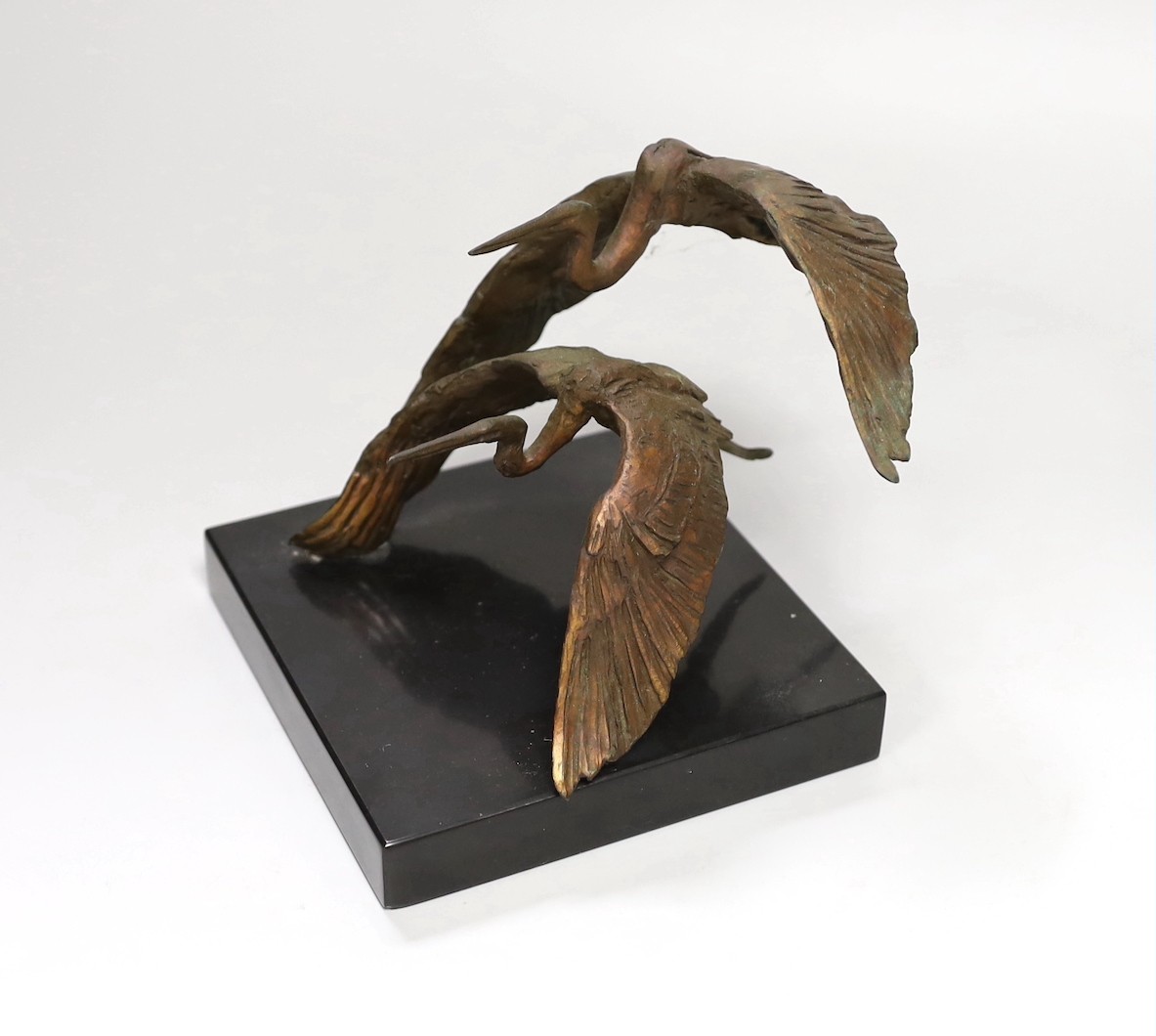 A bronze model of two herons in flight, on slate base 14cm tall - Image 2 of 2