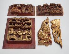Three Chinese gilded and lacquered wood figural panels and two similar dragon and phoenix crest