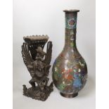 A large Japanese enamelled bronze vase and a Balinese wood carving. Tallest 44cm