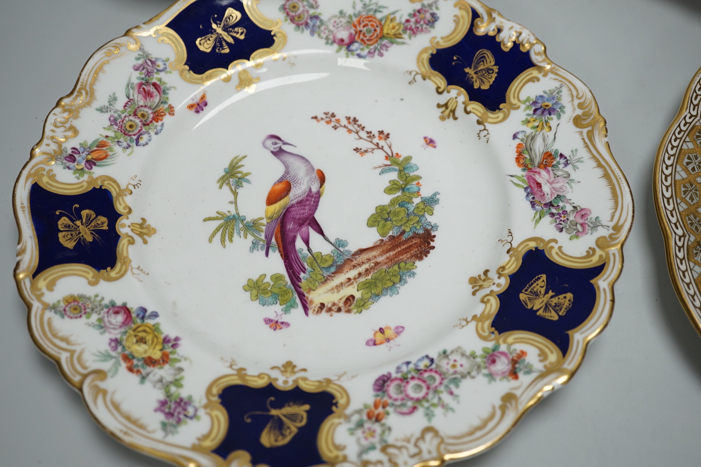A Copeland plate decorated in Chelsea style with exotic birds on a mazarine blue ground, a similar - Image 4 of 6